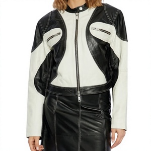Black White Colour Block Cropped Moto <b>Jacket</b> Womens Lambskin Leather Racing Panel Zip <b>Biker</b> <b>Jacket</b> Ladies - Product Image 1
