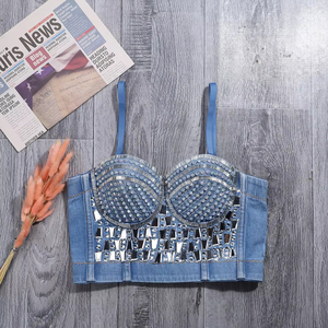 Fabricants de vêtements pour femmes Mode personnalisée Top corset sexy dos nu Bustier bleu scintillant avec strass et détails en cristal - Product Image 3