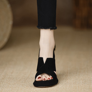 Summer New High Heels Leather Waterproof Platform Sandals Open Toe Black - Product Image 3