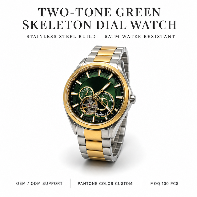 Silver Skeleton Mechanical Men Watch Hollow Gear Window Three Sub Dials Mixed Steel Link Bracelet Business Waterproof Wristwatch