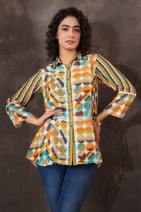 Camisa tipo túnica con estampado geométrico abstracto, cierre de botones, corte holgado, manga larga, blusa de moda contemporánea para mujer - Product Image 6