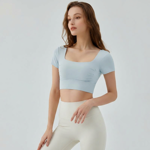 Wholesale Women's Square Neck Cut Out Back Yoga Crop Top Built-in <b>Bra</b> Short Sleeve Workout T Shirt Slim Fit Pilates Activewear - Product Image 3