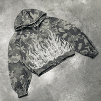 Sweat-shirt à capuche zippé surdimensionné vintage déchiré en molleton français avec imprimé camouflage et strass personnalisé de la marque OUNA Clothing Manufacturer