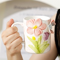 Haute qualité 3D papillon violet tulipe fleur conception porcelaine café thé tasse pour cadeaux décor à la maison