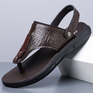 Sandales à sangle en T pour hommes, en cuir de vache marron, antidérapantes, chaussures de plage d'été, tongs décontractées pour l'extérieur, couleur unie - Product Image 1