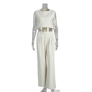 Completo Estivo da <span class=keywords><strong>Donna</strong></span> in <span class=keywords><strong>Lino</strong></span>: Gilet Corto Senza Maniche e <span class=keywords><strong>Pantaloni</strong></span> Larghi a Gamba Larga, Set Casual Traspirante con Bottoni - Product Image 5