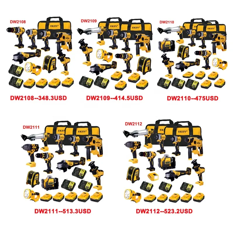EKIIV Nouveaux outils électriques combinés scellés et vendus à l'origine Ensemble de 11 kits d'outils Perceuses/perceuses sans fil 20V Volt 18V