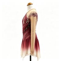 Robe de patinage artistique drapée à dos ouvert, dégradé bordeaux et blanc, avec strass et maille, pour concours de danse sur glace