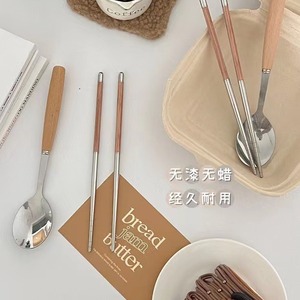 Juego de palillos y cuchara de acero inoxidable Yuanjin, de bambú y madera, 3 piezas, vajilla de madera de haya, portátil para uso en exteriores - Product Image 1