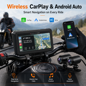 5 inch IPS motorfiets GPS navigatie met dubbele camera, BSD, TPMS, IP67 waterdicht, draadloze CarPlay, Android Auto, ondersteunt OEM en ODM - Product Image 3