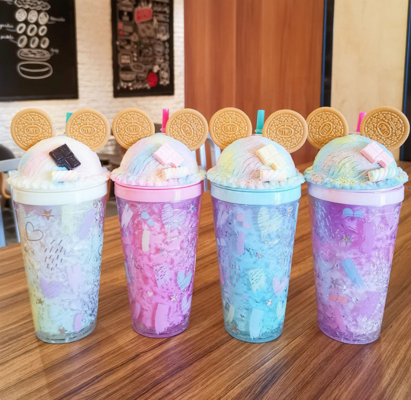 Двойная стена, ПВХ вставка, акриловые ушные чашки Микки Маус, стакан с соломинкой и купольной крышкой для индивидуального подарка