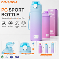 Bouteille d'eau PC en gros 600ml 750ml, gourde sportive ombrée avec bouton poussoir, couvercle anti-poussière et sangle de transport pour cadeaux scolaires et événements