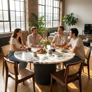 Elegante Mesa de Comedor Redonda de Mármol Estilo Francés, Mesa de Comedor Moderna Retro para el Hogar, Mesa con Superficie de Piedra para Cocina, Villa o Restaurante - Product Image 1