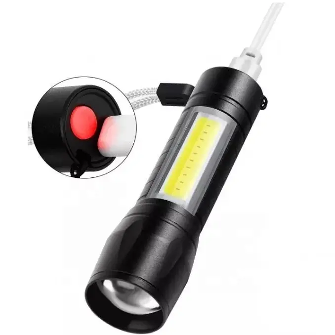 QXMOVING Zoomable USB Rechargeable Pocket Small LED Flashlight Waterproof Aluminum Tactical COB Mini Flashlights