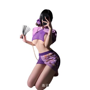 Cheongsam violet sexy, ensemble de lingerie érotique, uniforme sexy et séduisant, jupe moulante, ensemble de vêtements de nuit qqny - Product Image 1