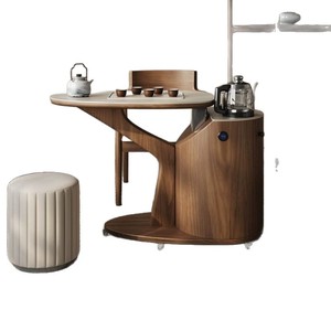 <b>Walnut</b> Wood Tea <b>Table</b> With Storage Movable Outdoor Tea Cart For Balcony Home Use - Product Image 5