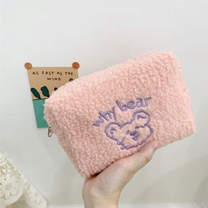 Women's Travel <b>Makeup</b> Bag Cute Bear Logo Terry Cloth Plush Cosmetic <b>Case</b> Zipper Wholesale Custom Embroidery Fuzzy Towel Look - Product Image 4
