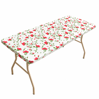 Nappe jetable en PEVA à motif floral rouge, housse de table en plastique ajustée avec bord élastique, imperméable et anti-taches pour fête d'anniversaire