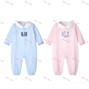 Easter pink Blue Gingham Print Baby Clothes Short Sleeve Peter Pan Collar Baby Boy Girl Onesie Toddler Summer <strong>Coming</strong> <strong>Home</strong> <strong>Outfit</strong> - Product Image 6