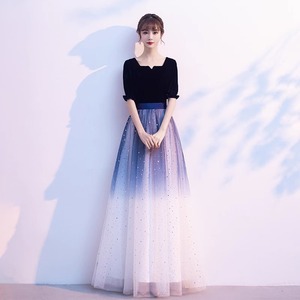 Long Evening Gown For Women Choir Performance A-Line Empire Waist Square Collar Contrast Color Polyester Stage Costume - Product Image 2