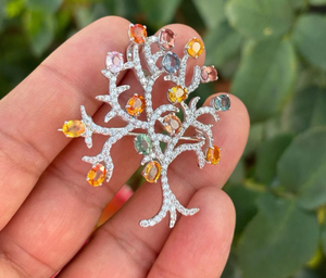 Multicolor Gemstone <b>Tree</b> Brooch Sterling Silver Crystal Branch Pin Handmade Jewelry Statement Designer Accessory - Product Image 3