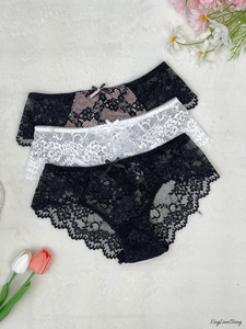 Braguitas de Encaje Estilo Hipster de Tiro Medio para Mujer, con Estampado Floral, Transpirables, Estilo Sexy, Paquete de 3 (Blanco, Rosa, Morado) - Product Image 2