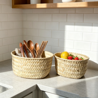 Panier de rangement rond en jonc de mer tressé à la main pour fruits et légumes, style pastoral, multifonctionnel, pour bureau et cuisine