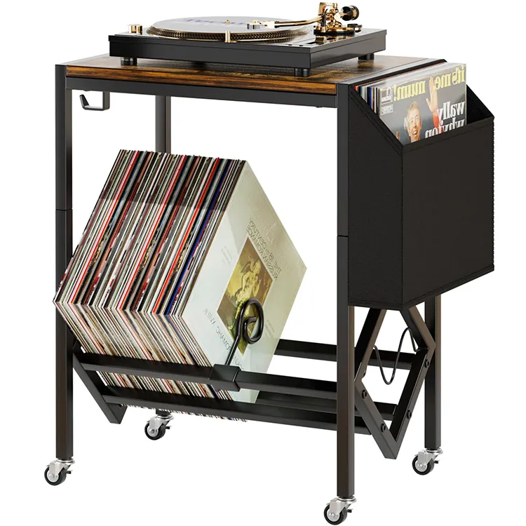 Table de tourne-disque JH-Mech avec rangement pour 80 albums avec pochette d'organisation et roulettes Support de rangement pour disques vinyle