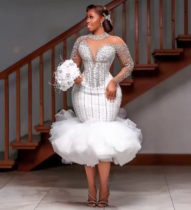 Vestido de Novia Blanco 2026 con Perlas, Mangas Largas, Estilo Sirena con Volantes, Vestidos de Novia - Product Image 1