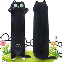 Coussin en peluche chat noir japonais long, animal en peluche chat noir, peluche chat kawaii, coussin corporel mignon et câlin pour dormir et s'entourer
