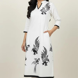 ชุดคุร์ตะถักนิตติ้งคอลเลคชั่นล่าสุดขายส่งสำหรับผู้หญิง ลายเรขาคณิตนามธรรม แขนสามส่วน ทรงตรง สีพื้น - Product Image 1