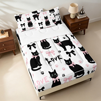 Juego de Ropa de Cama con Cierre y Estampado de Gato Negro y Lazo Rosa, Edredón Acolchado con Sábana Ajustable para Decoración de Dormitorio de Adolescentes