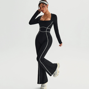 女式无缝纯色尼龙/氨纶瑜伽连身裤 - 透气四向弹力喇叭裤无袖健身服 - Product Image 2