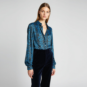 Custom Office Formal Wear Womens Blue Animal Snake Print Satin <strong>Shirt</strong> Long Sleeve Button Down Blouse with Point Collar - Product Image 3