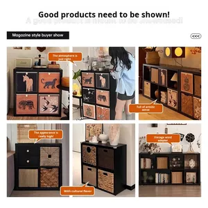 Meuble TV d'appoint en bois massif avec tiroirs, étagère de rangement <span class=keywords><strong>vintage</strong></span> à six compartiments pour salon et canapé - Product Image 3