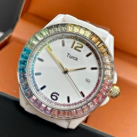 Montre de luxe pour femme COACHSE, avec cristaux colorés brillants, bracelet en céramique, mouvement à quartz, cadran à aiguilles, accents de diamants, verre minéral