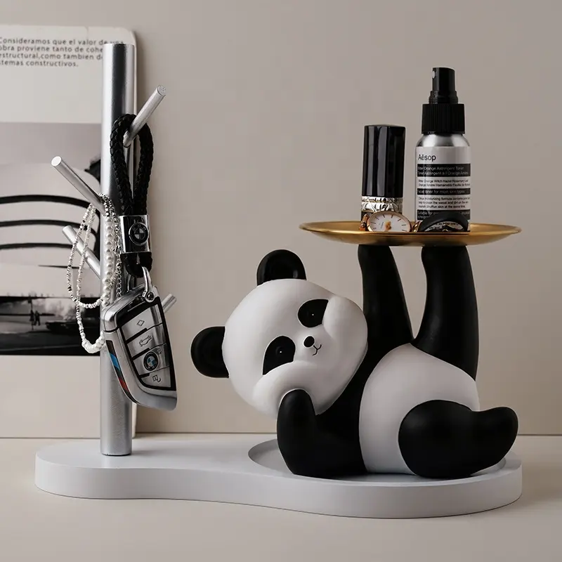 2024 Moderne Schattige Panda Ornament Met Dienblad Hars Eenvoudige Dierlijke Vorm Decoratie Voor Woonkamer