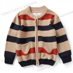 Cardigan personnalisé de haute qualité pour garçon, fermeture éclair, col rond, rayé, tricot en coton pour enfants - Product Image 5