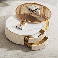 Meubles de salon modernes, table basse en acier inoxydable avec base en or, ensemble de deux pièces de table basse ronde et de meuble TV en pierre blanche