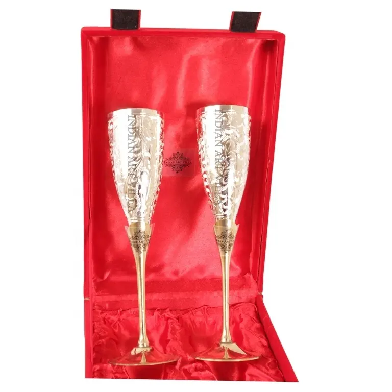 Indian Art Villa Gegraveerde Verzilverde Messing Beker Champagne Fluiten Wijn Glas Set Met Cadeau Verpakking Doos Kerstcadeau