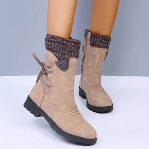 Venta al por mayor de <span class=keywords><strong>botas</strong></span> de mujer de talla grande 2025 invierno cómodo Tacón cuadrado bajo puntera tela elástica suela de madera superior Slip-On - Product Image 3