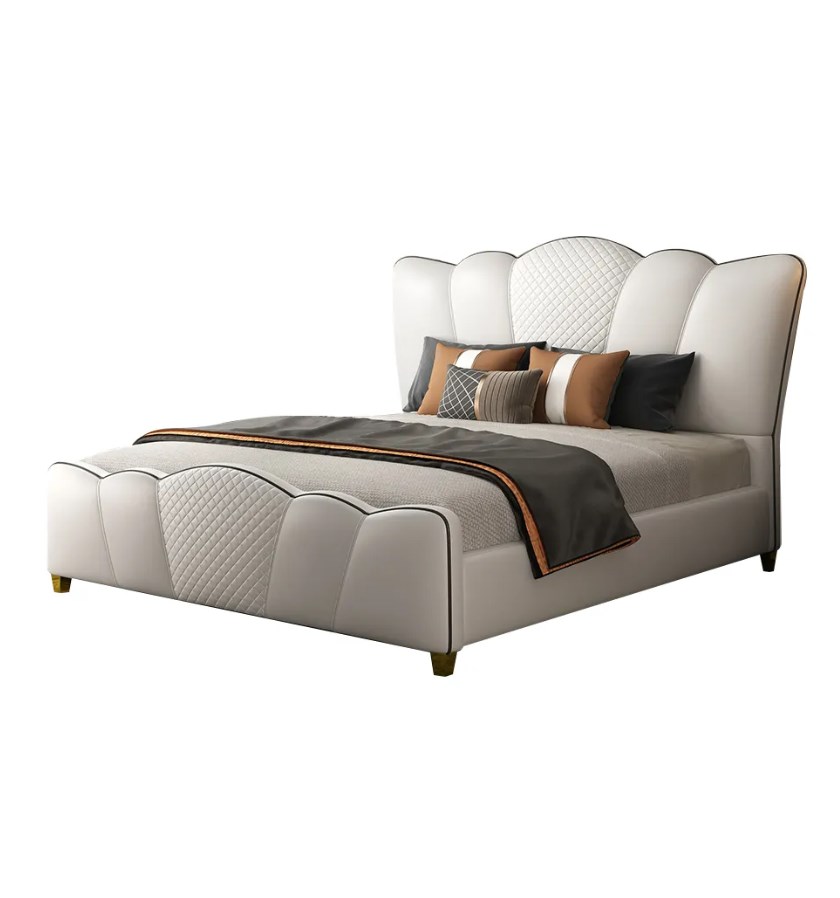 Milky curved headboard cal King bed white microfiber leather platform bed