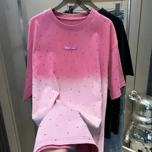 Custom Unisex 250 Gsm Cotton Vintage Washed Gradient T Shirt Oversized Pink Acid Wash Sun Faded Rhinestone T Shirt