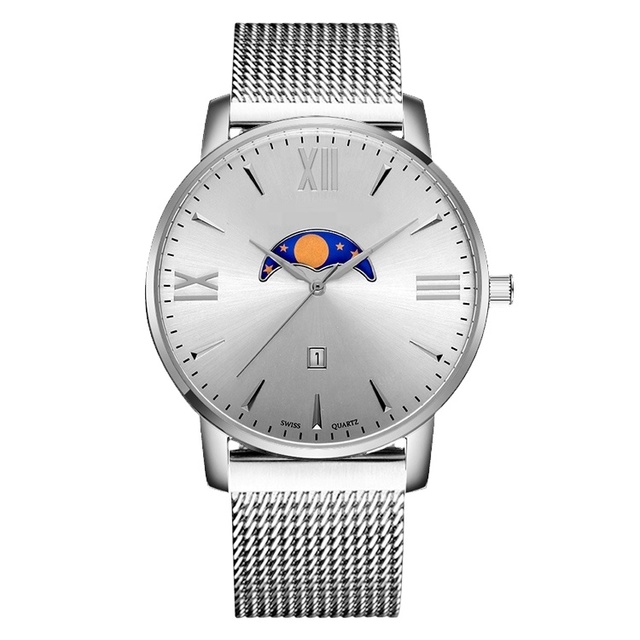 Custom Logo MIYOTA Movement Charm Fashion Men's Stainless Steel Analog Watch Date Moon Phase 10 bar Water Resistant 27mm Dial