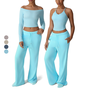 Tuta sportiva Yoga Skinny Fit da <span class=keywords><strong>donna</strong></span> americana con modello solido nuovi <span class=keywords><strong>pantaloni</strong></span> larghi Casual top lunghi bellissima tuta Fitness posteriore - Product Image 1