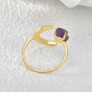 Hot Selling Open Moon Purple Natural Stone Crystal Adjustable Rings Jewelry Women Amethyst Ring For Women