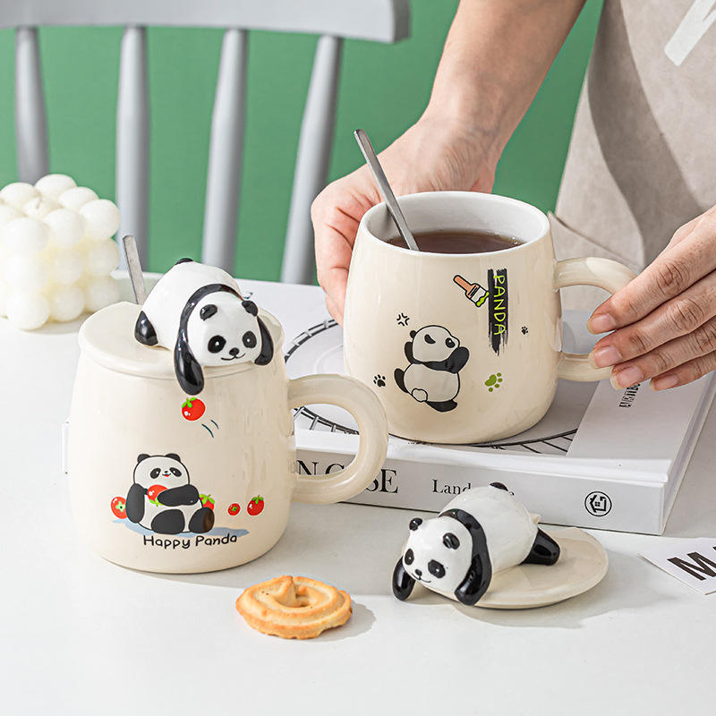 Seaygift High Appearance Party Gift Black Panda Interactive Water Cup Cute Animal Cartoon Ceramic Cup Porcelain Mugs with Spoon