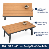 Ensemble de canapé de patio scandinave en aluminium, structure anthracite, accoudoirs en poly-bois teck + plateau de table, 2 places + 2 chaises pour villa nordique