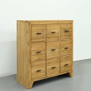 Cómoda Antigua de Teca con 9 Cajones Hechos a Mano y Patas Cónicas, Cajonera de Madera Reciclada con Textura Envejecida para Dormitorio - Product Image 1