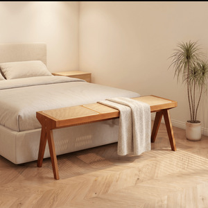 Banc long en rotin, tabouret en bois massif en forme de V, banc à chaussures pour l'entrée, fait main, multifonctionnel - Product Image 2